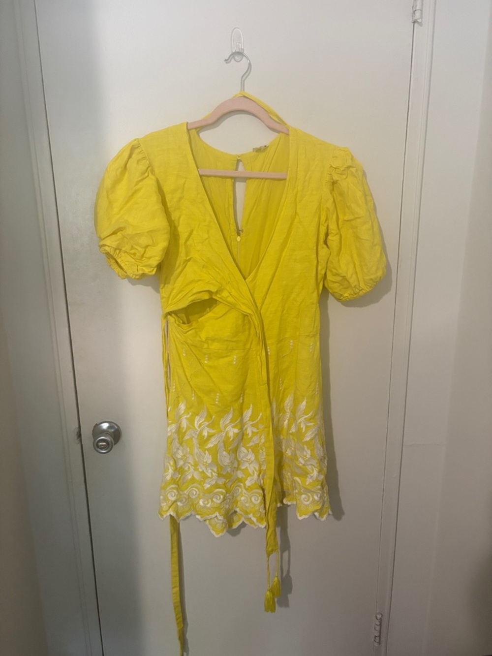 Place Nationale Bright Yellow Embroidered Puff-Sleeve Romper